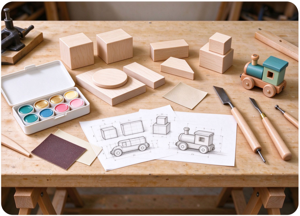 Custom wooden toy prototype and design sketch